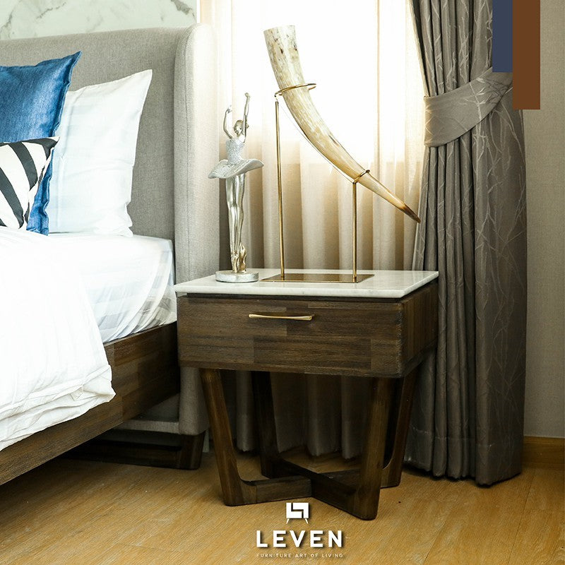 Leven Furniture โต๊ะข้างเตียงไม้จริง ท็อปหินอ่อนแท้ รุ่น คาร์มา KARMA