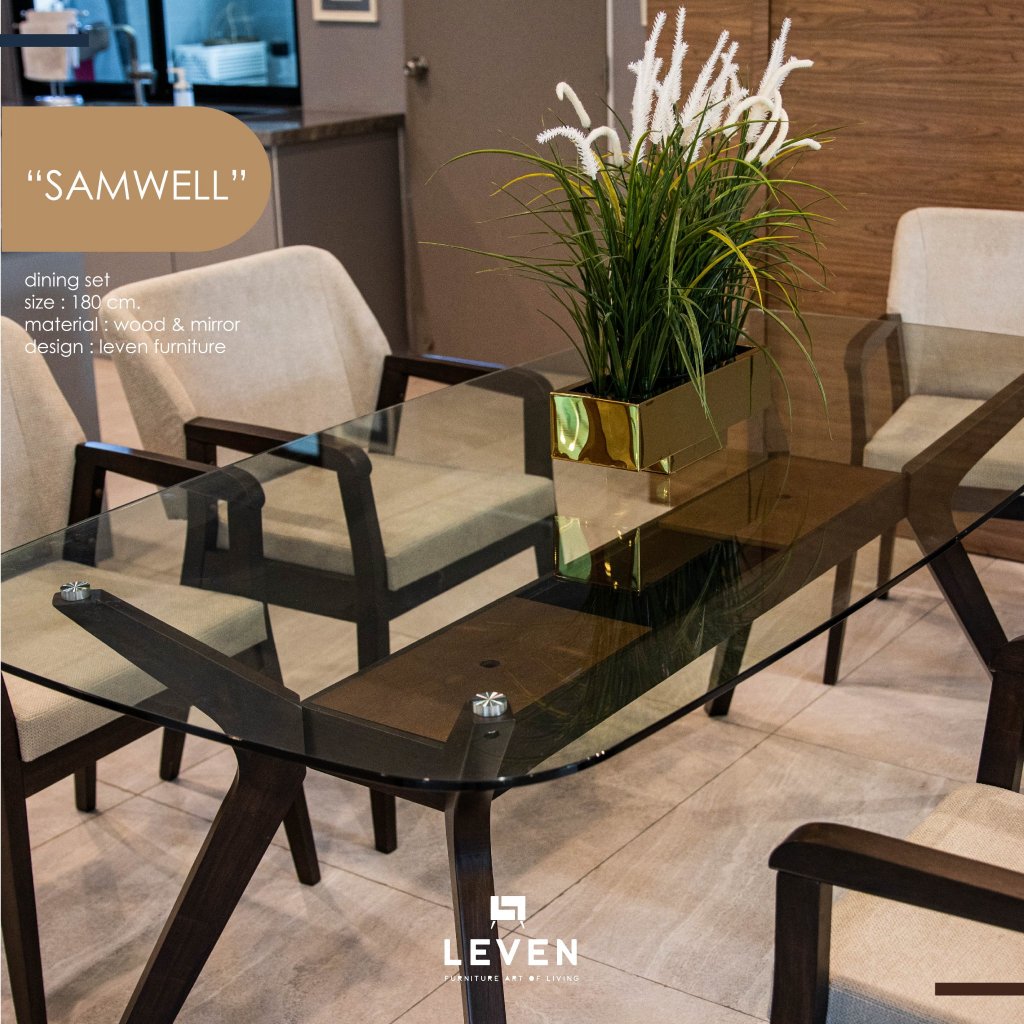 Leven Furniture โต๊ะกินข้าวขาไม้ กระจก นิรภัย รุ่น แซมเวล SAMWELL